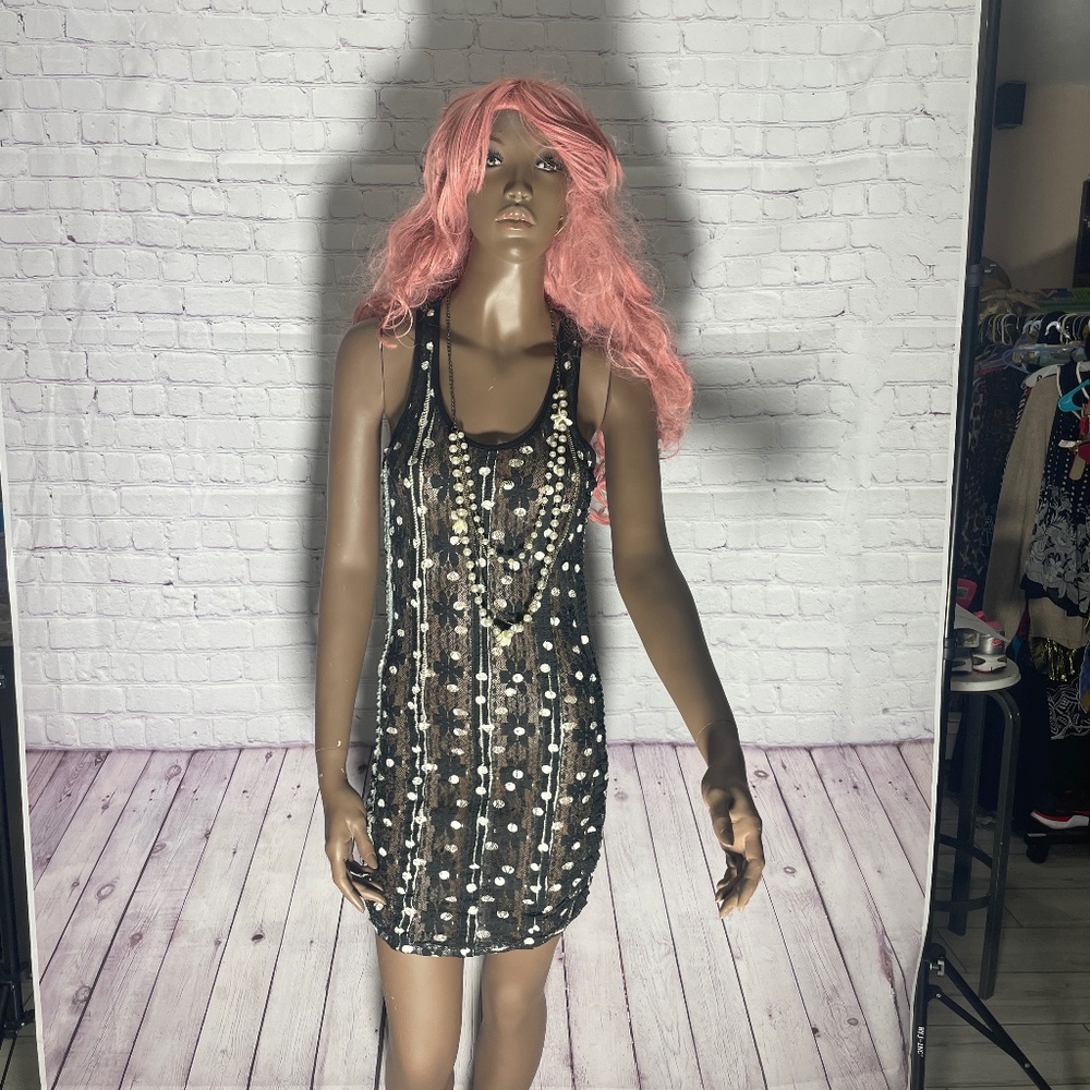 Size Small Black Transparent Dress with White Polk a dots “Papaya”